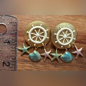 Nautical Gold Tone Starfish and Shell Earrings VTG Pierced